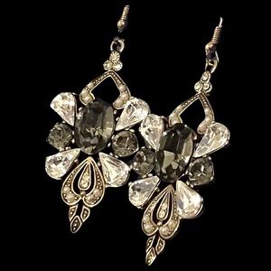 Gold and Silver Dangle Earrings with Intricate Design and black n white crystals
